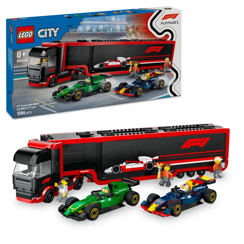 LEGO City Camião F1 com carros de F1 RB20 e AMR24, 2 mochilas de veículos de fórmula 1 Red Bull e Aston Martin, 2 minifiguras de pilotos e 3 Staff